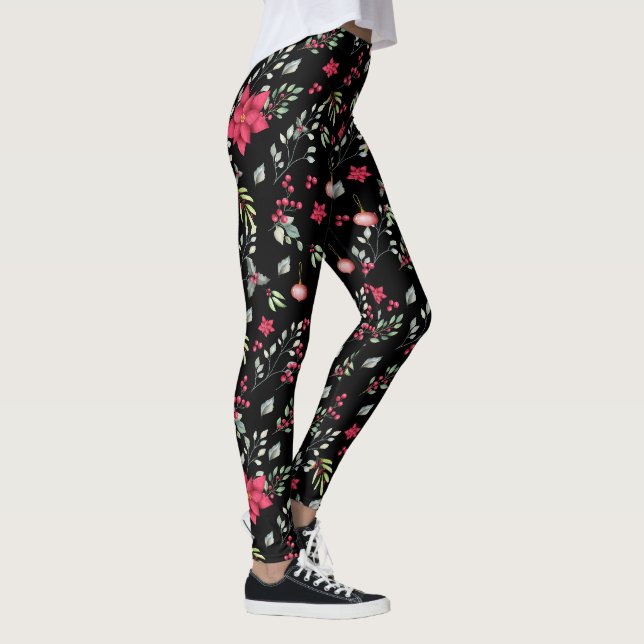 Elegante grüne Blätter und Rote Holly Berries Leggings (Rechts)