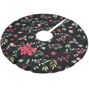 Elegante grüne Blätter und Rote Holly Berries Polyester Weihnachtsbaumdecke