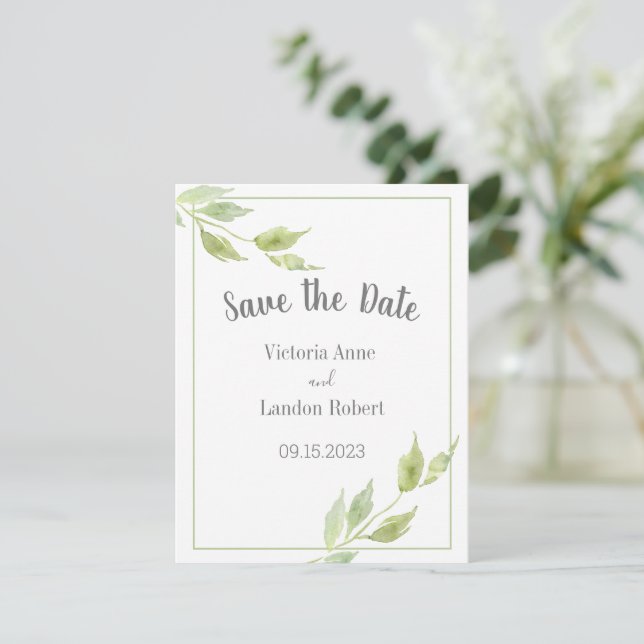 Elegante Grüne Blätter Wasserfarbenhochzeit Save The Date (Stehend Vorderseite)