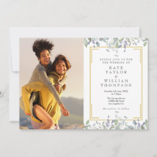 Elegante Grüne Blumen Foto QR Code Hochzeit Einladung