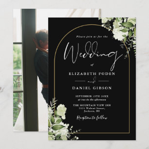 Elegante grüne Blumen Goldbogen Foto-Hochzeit Einladung