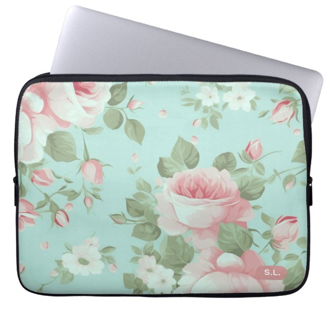 Elegante grüne Blumen-Laptoptasche Laptopschutzhülle (Vorderseite)