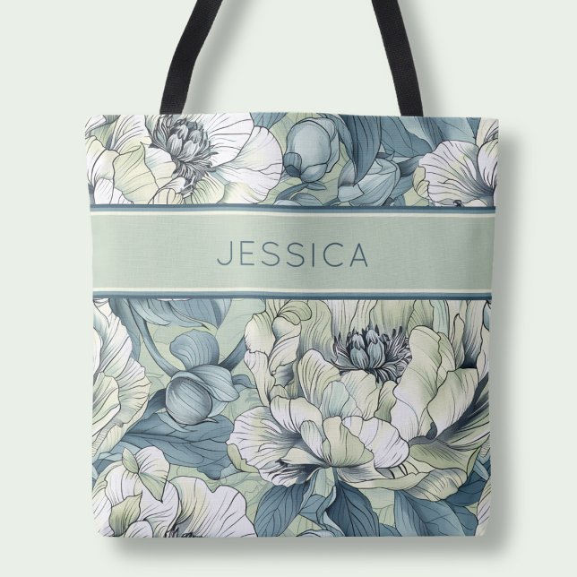Elegante grüne Blumenbezeichnungen Botanische Blum (Elegant Green Floral Name Botanical Sage Flowers Tote Bag)