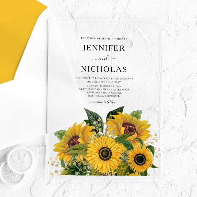 Elegante grüne Blütenblumen Hochzeit Acryleinladungen (Elegant Green Floral Sunflowers Wedding Acrylic Invitations)