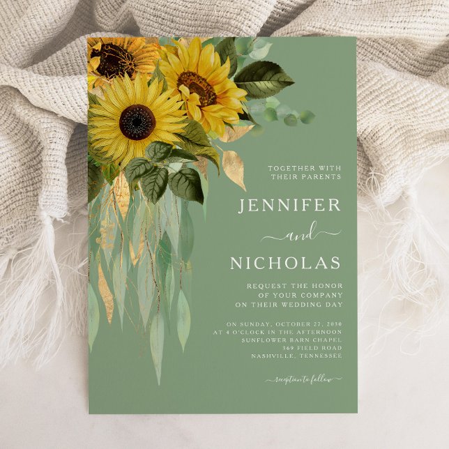 Elegante grüne Blütenblumen Hochzeit Einladung (Elegant Green Floral Sunflowers Wedding Invitation)
