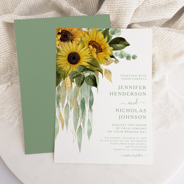 Elegante grüne Blütenblumen Hochzeit Einladung (Elegant Green Floral Sunflowers Wedding Invitation)