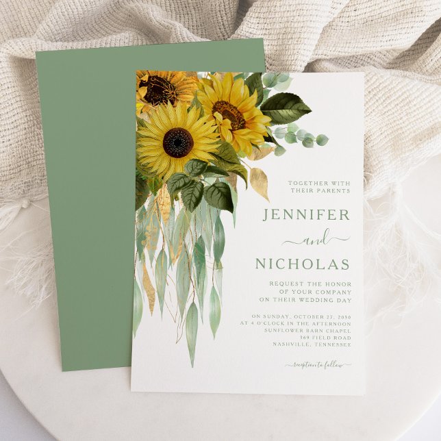 Elegante grüne Blütenblumen Hochzeit Einladung (Elegant Green Floral Sunflowers Wedding Invitation)