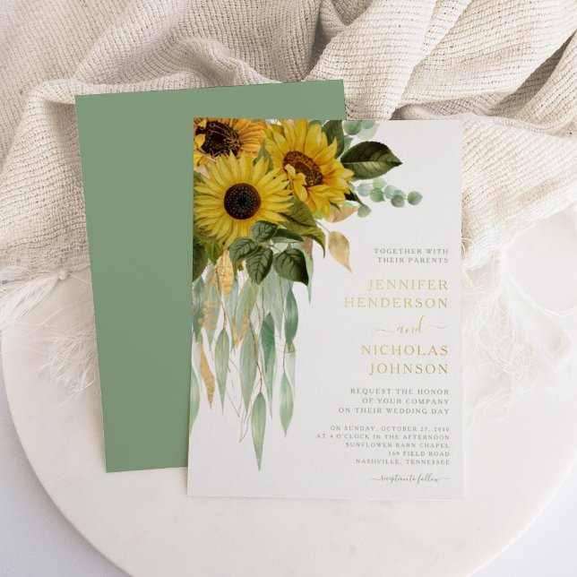 Elegante grüne Blütenblumen Hochzeit Gold Folieneinladung (Elegant Green Floral Sunflowers Wedding Gold Foil Invitation)