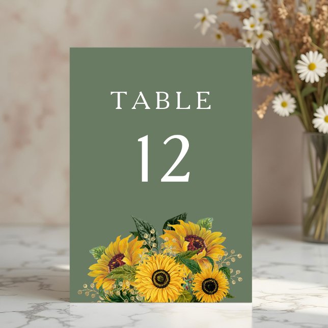 Elegante grüne Blütenblumen Hochzeit Tischnummer (Elegant Green Floral Sunflowers Wedding Table Number)