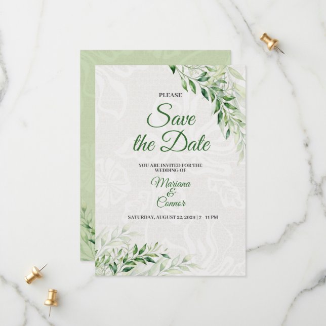 Elegante grüne botanische Hochzeit Speichern Sie d Save The Date (Vorderseite/Rückseite Beispiel)