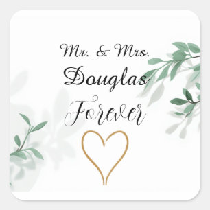 Elegante grüne botanische Mr & Mrs Hochzeit Quadratischer Aufkleber