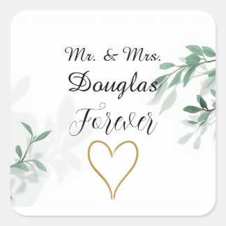 Elegante grüne botanische Mr & Mrs Hochzeit Quadratischer Aufkleber