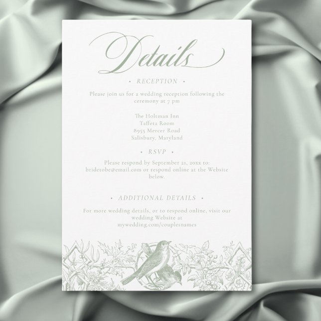 Elegante grüne Chinoiserie Natur & Vögel Hochzeit Begleitkarte (Elegant Green Chinoiserie Nature & Birds Wedding Enclosure Card)