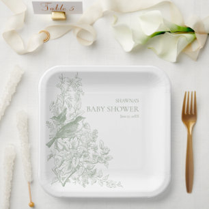 Elegante grüne Chinoiserie Nature Birds Babydusche Pappteller