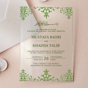 Elegante grüne Damast-Hochzeit im islamischen Stil Acryleinladungen