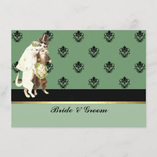 Elegante grüne Damast-Katzen-Hochzeitseinladung Einladung