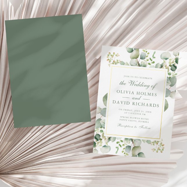 Elegante Grüne Eukalyptus Botanische Hochzeit Gold Folieneinladung (Elegant Greenery Eucalyptus Botanical Wedding Gold Foil Invitation on a sunny neutral dry palm leaf)