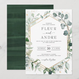 Elegante Grüne Eukalyptus-Geometrie Goldene Hochze Einladung