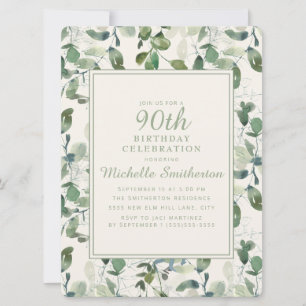 Elegante grüne Eukalyptusblätter 90. Geburtstag Einladung