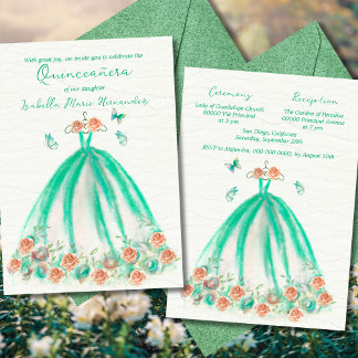 Elegante grüne Flora-Schmetterlinge Quinceañera Einladung