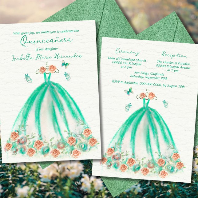 Elegante grüne Flora-Schmetterlinge Quinceañera Einladung (Von Creator hochgeladen)