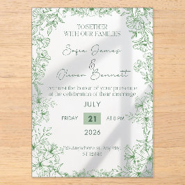 Elegante grüne florale Linienkunst-Hochzeitseinlad Acryleinladungen