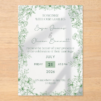 Elegante grüne florale Linienkunst-Hochzeitseinlad Acryleinladungen