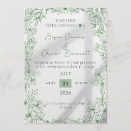 Elegante grüne florale Linienkunst-Hochzeitseinlad Einladung