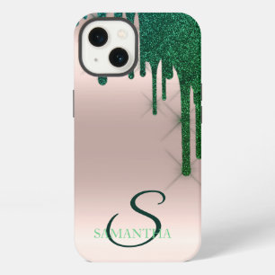 Elegante grüne Glitter-Tropfen Rose Gold iPhone 13 Hülle