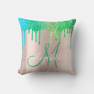 Elegante grüne Glitter-Tropfen Rose Gold Monogramm Kissen