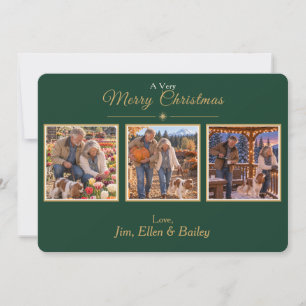 Elegante grüne Gold 3 Foto Familien-Weihnachtskart Feiertagskarte