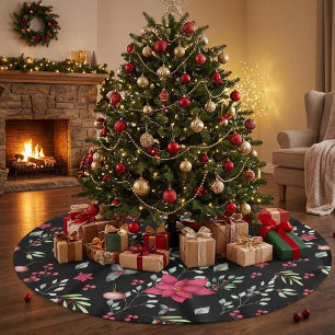 Elegante grüne Goldblätter und rote Stechpalmenbee Polyester Weihnachtsbaumdecke