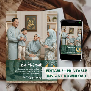 Elegante grüne & goldene Blumen-Foto-Eid-Mubarak-K Feiertagskarte