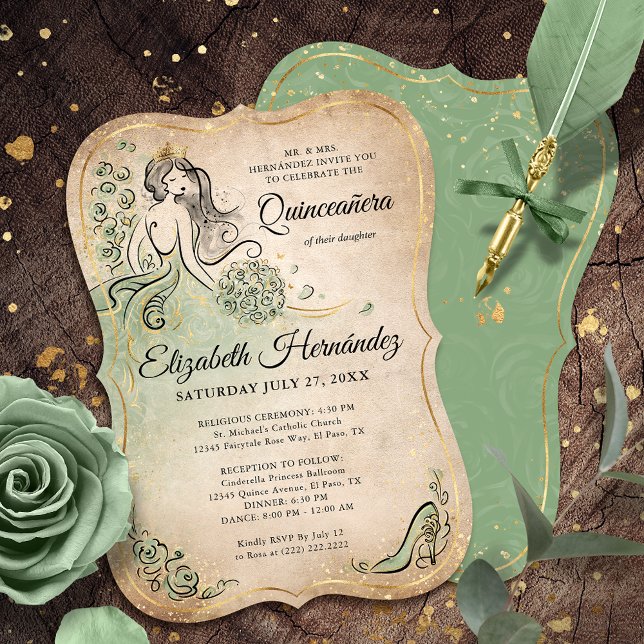 Elegante grüne goldene Prinzessin Quinceanera Gebu Einladung (Bring your fairytale to life with these gold and sage green birthday invitations fit for a princess.)
