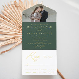 Elegante grüne Goldfolie Kalligrafie Foto-Hochzeit All-in-One-Einladung