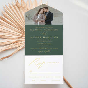 Elegante grüne Goldfolie Kalligrafie Foto-Hochzeit All-in-One-Einladung