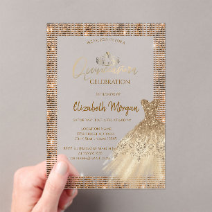 Elegante grüne Goldkleid Tiara, Diamanten Quinceañ Acryleinladungen