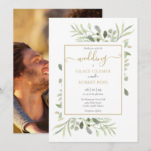 Elegante grüne Goldschrift Hochzeitsfoto Einladung