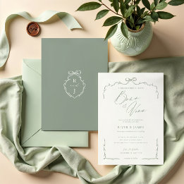 Elegante grüne Hand Drawn Bow & Ribbon Wedding Einladung