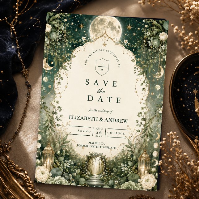 Elegante grüne himmlische Hochzeit Save The Date (Von Creator hochgeladen)