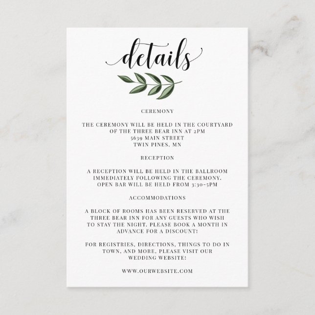 Elegante Grüne Hochzeit Details Einladung einfügen (Vorderseite)