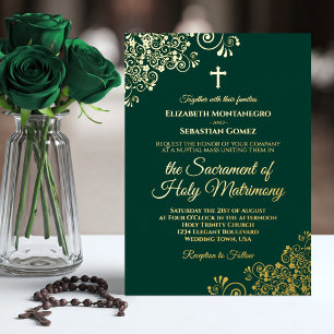 Elegante grüne Hochzeit mit Gold im katholischen S Folieneinladung