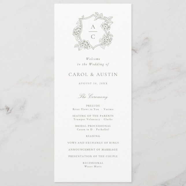 Elegante grüne Hortensien-Hochzeitsprogramm Floral Programm (Vorderseite)