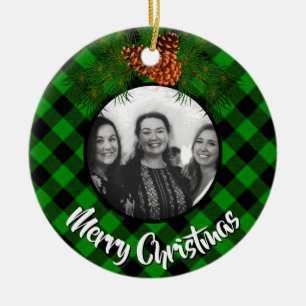 Elegante grüne karierte Pineconfoto-Vorlage Keramik Ornament