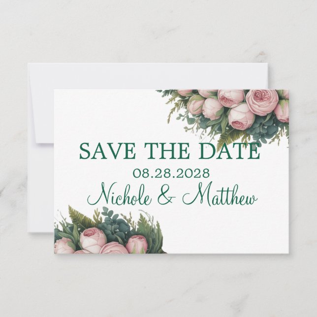 Elegante grüne Kruste Rosa Buds Wedding Save The Date (Vorderseite)