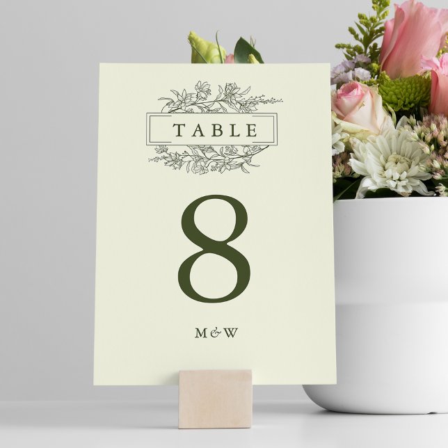 Elegante Grüne Linie Art Floral Monogram Wedding Tischnummer (Von Creator hochgeladen)