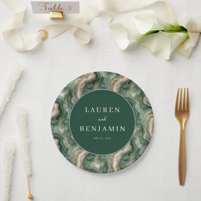 Elegante grüne marmorierte Wellen Pappteller (Hochzeit)