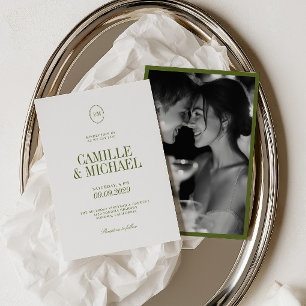 Elegante grüne Monogramm-Foto-Hochzeit Einladung