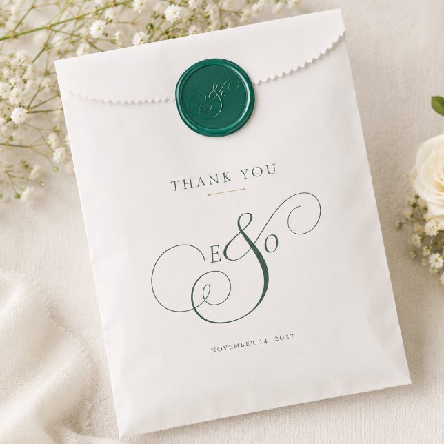 Elegante grüne Monogramm-Hochzeit Geschenktütchen (Elegant Emerald Green Monogram Wedding Favor Bag (seal not included but part of the collection))