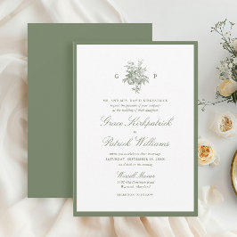 Elegante grüne Monogramm-Hochzeitskarte mit Salbei Einladung